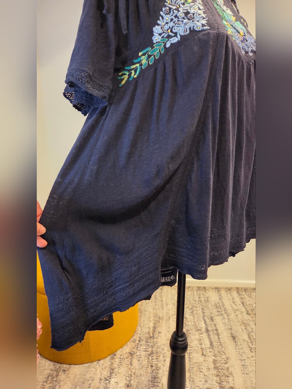 Free People Navy Blue  Cold-Shoulder Embroidered Top, Size S. - Picture 11 of 16